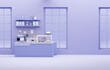 3D render modern purple style cafe counter with big window, with espresso coffee making machine, stack of eco friendly paper cup. Morning sunlight, Bistro, Business, Space, Blank

