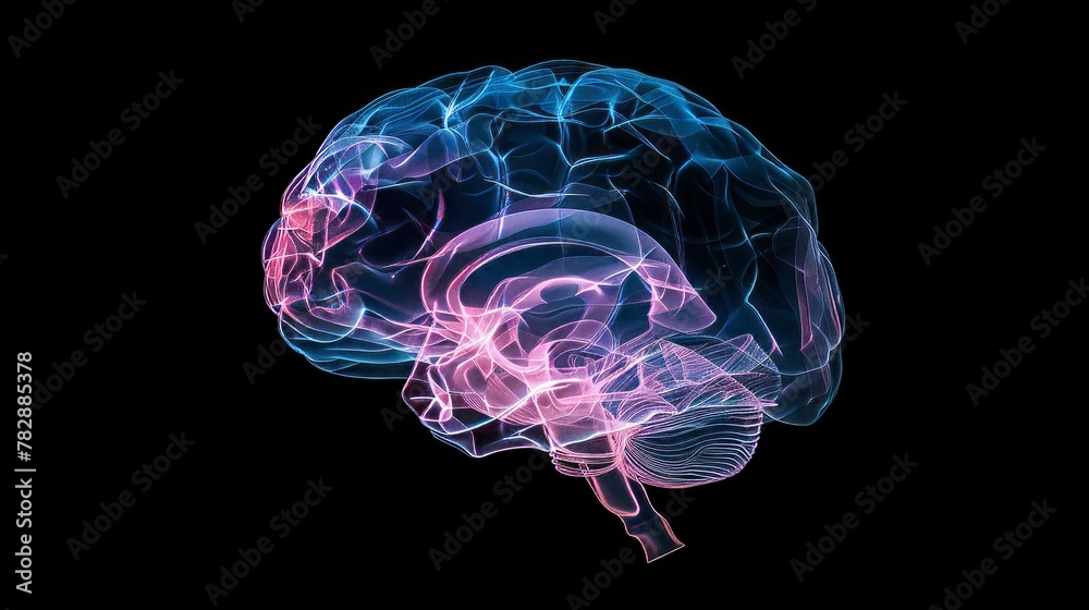 3D x-ray illustration of human brain from side view. The brain in glow ...