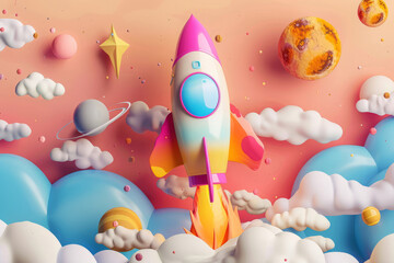 Wall Mural - colorful cartoon rocket flying among the planets. space background for children