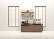 3D render modern white and wooden style cafe counter with big window, with espresso coffee making machine, stack of eco friendly paper cup. Morning sunlight, Bistro, Business, Space, Blank