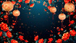 Traditional Chinese lanterns amid red flowers with a deep blue background, evoking a festive or ceremonial atmosphere.