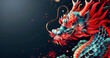 A vibrant illustration of a red and blue mythical dragon amidst a dark background with floral and ornamental details.