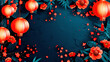 Illustration of red Chinese lanterns amid floral patterns on a dark background, evoking a festive or celebratory Asian atmosphere.