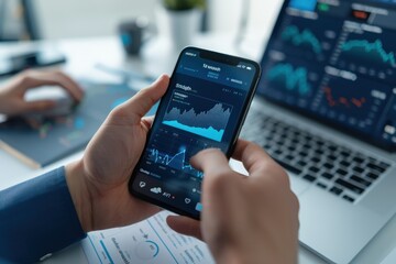 Aufkleber -  A trader is using a mobile application to trade stocks on a white background