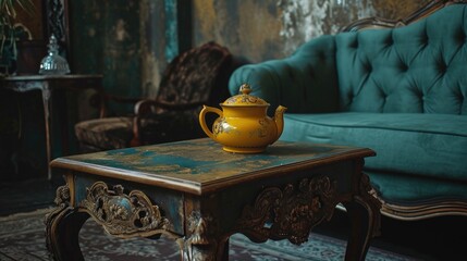 Interior Design of antique living room with a yellow teapot on table.