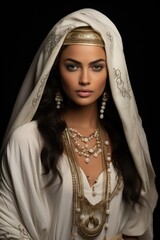 Wall Mural - young Arabian woman wearing a traditional dress with jewelry on dark background. Fictional Character Created by Generative AI.