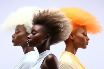 Wall Mural - Happy Women's Day Concept, Three African women in different hair color on white background. Fictional Character Created by Generative AI.