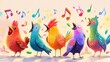 a group of colorful birds  standing in a row singing. there are colorful music notes floating in the background and around the birds