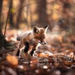 A baby fox frolicking in a sundappled forest clearing, playfully pouncing on fallen leaves with glee