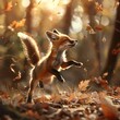 A baby fox frolicking in a sundappled forest clearing, playfully pouncing on fallen leaves with glee