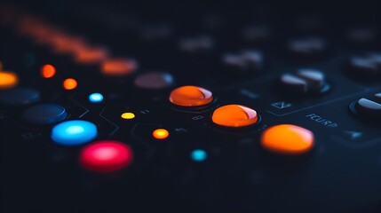 A cuttingedge, modern device featuring vibrant, illuminated buttons and screens against a dark backdrop