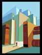 A person stands at the center of a stylized graphic environment resembling a cityscape comprised of towering book spines. The bold colors and geometric shapes give the composition a modern and abstrac