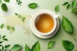 Cup of tea, tea leaves around. International tea day concept.