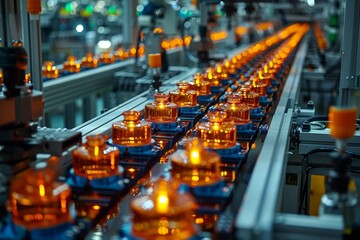 Poster - A vibrant image capturing the essence of automated machinery with a myriad of orange bottles on a production line in a factory setting