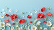 Card template with chamomile and red flowers poppies for greetings, invitations, weddings, birthdays, Easter and other occasions