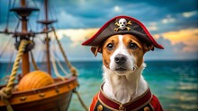 A Cute Dog Wearing A Pirate Hat And Costume Stands On The Deck Of A Ship, Looking Out At The Sea.