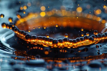 Poster - This vivid close-up shot captures the moment when water droplets hit the surface, creating a beautiful ripple effect in amber tones