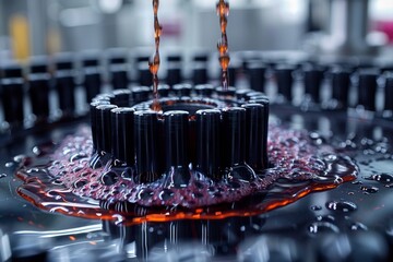 Poster - Close-up of precision machinery with vibrant fluid, illustrating manufacturing process and technological advancement