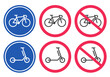 Bicycle and kick scooter forbidden and allow safety road street signs vector graphic illustration icon set, electric bike area lane path warning symbol, parking blue red attention image clip art