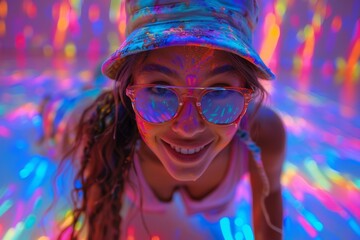 Poster - A vibrant scene captures a woman holding a neon sign, face obscured, amidst a burst of colorful lights that convey a party atmosphere