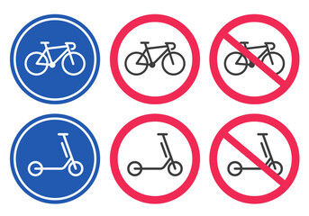 Wall Mural - Bicycle and kick scooter forbidden and allow safety road street signs vector graphic illustration icon set, electric bike area lane path warning symbol, parking blue red attention image clip art