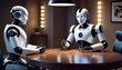 Two humanoid robots with an elegant white design are seated across from each other in a meeting, simulating a human-like business discussion in a warmly lit office setting.. AI Generation. AI