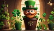 A charming leprechaun figure emerging from a pot filled with fresh shamrocks, evoking the spirit of St. Patrick's Day.. AI Generation