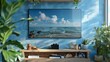 Transform your space into a coastal retreat with this dynamic 3D wall frame mockup featuring floating shelves 