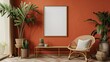 Transform your space with this minimalist 3D wall frame mockup in matte gold, set against a muted terracotta backdrop, 