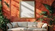 Transform your space with this minimalist 3D wall frame mockup in matte gold, set against a muted terracotta backdrop,