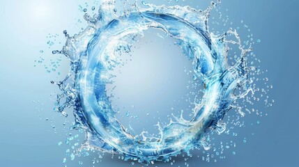 Poster - Water splash, liquid aqua frame of round shape, dynamic motion elements with spray droplets, isolated border on transparent background, hydration advertisement.