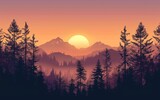 Fototapeta  - Sunset and silhouettes of trees in the mountains