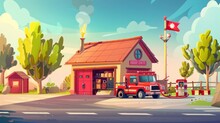 Cartoon Modern Illustration Of A Fire Truck Driving To A Fire Station Building With A Garage Box And A Red Flag. Municipal City Service. Emergency Department With Hangar Front View. A Car Parked At A