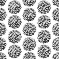 Wall Mural - Seamless pattern of knotted ropes cords monkey fist knot ball Nautical thread whipcord with loops and noose, braided, spiral fiber graphic. Illustration hand drawn diagonal black white background