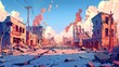 Post-apocalyptic world ruins with broken road and street cartoon modern illustration, destroyed city in war zone with abandoned buildings and smoke.