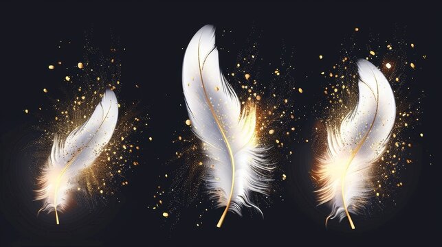 Icons set with realistic 3D modern illustration of white feathers and gold glitter, boho style birds' plumage and hackles with golden glitter, trendy design elements isolated on black background,