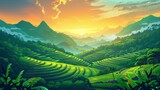 Fototapeta  - The sunset landscape of Asian rice terraces in mountains. Paddy plantations, cascades farm in mount rocks with the sun going down in a beautiful cloudy orange sky, landscape dusk view, Cartoon modern