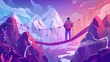 Tourist with backpack at rocky landscape look on suspended bridge over high peaks modern web banner design of extreme hiking cartoon landing page. Traveler man holding a map in the mountains.