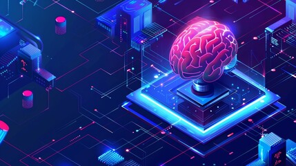 Poster - isometric technology landing page with ai robot printing huge human brain onto 3d printers with micr
