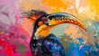 Abstract, colorful depiction of a Hornbill bird, serene style, oil with palette knife, on a multihued background with theatrical lighting