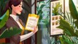 Invest and save money cartoon web banner. A woman in a formal suit holding a folder on the screen of a smartphone with her wallet, on a page of the Modern mobile app.