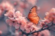 Vibrant orange queen butterfly with detailed wings textures perched on cherry blossoms, symbolizing fragility and the transient nature of life