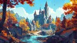 A fairy tale castle with turrets surrounded by water, a rocky road leading to a fantasy fortress gate are depicted in an autumn landscape. Illustration of a fairy tale kingdom palace with turrets.