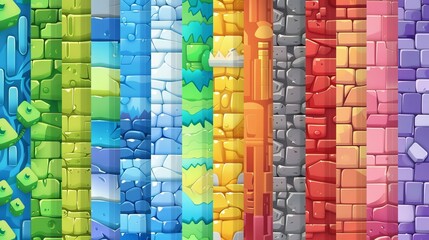 Poster - Modern cartoon set of seamless patterns of children's game for building with geometric pieces. Kids constructor top view illustration. Plastic block toy with colorful bricks.
