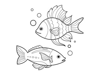 Wall Mural - Black and white page for baby coloring book. Illustration of cute fishes swimming underwater. Printable for kids. Worksheet for children and adults. Hand-drawn vector image. Fish coloring pages.