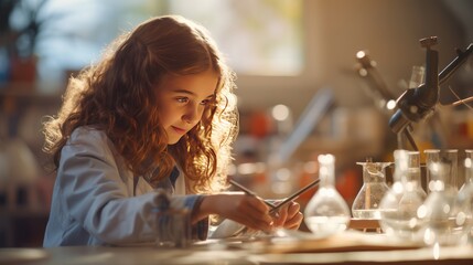 Girl doing a chemistry experiment in science class 