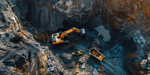 Industrial Excavator and Dump Truck at Mining Site During Sunset