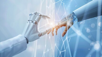 Poster - big data concept background,Hands of robot and human touching on big data network 