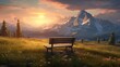 Silhouette of a man sitting on a bench with a beautiful mountain view and sunset.