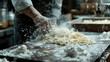 Close up view at chef hand is cut DOUGH for making hand make noodle. Realistic photography, 